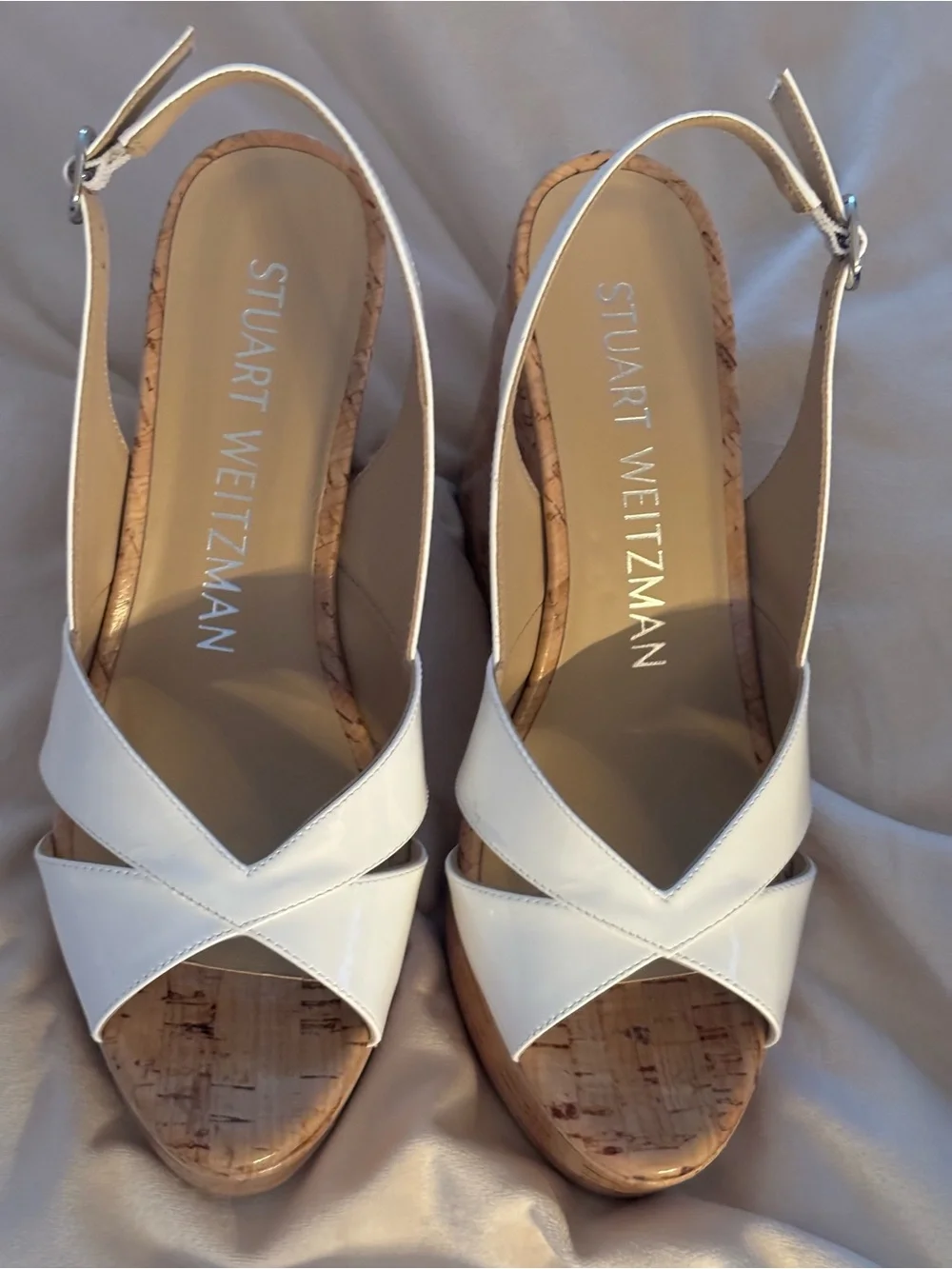 Stuart Weitzman White Patent Cork Platform Wedges - Picture 9 of 14